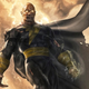 Concept art of Dwayne Johnson in his Black Adam costume for 2022's Black Adam, hovering in the air with lightning behind him.